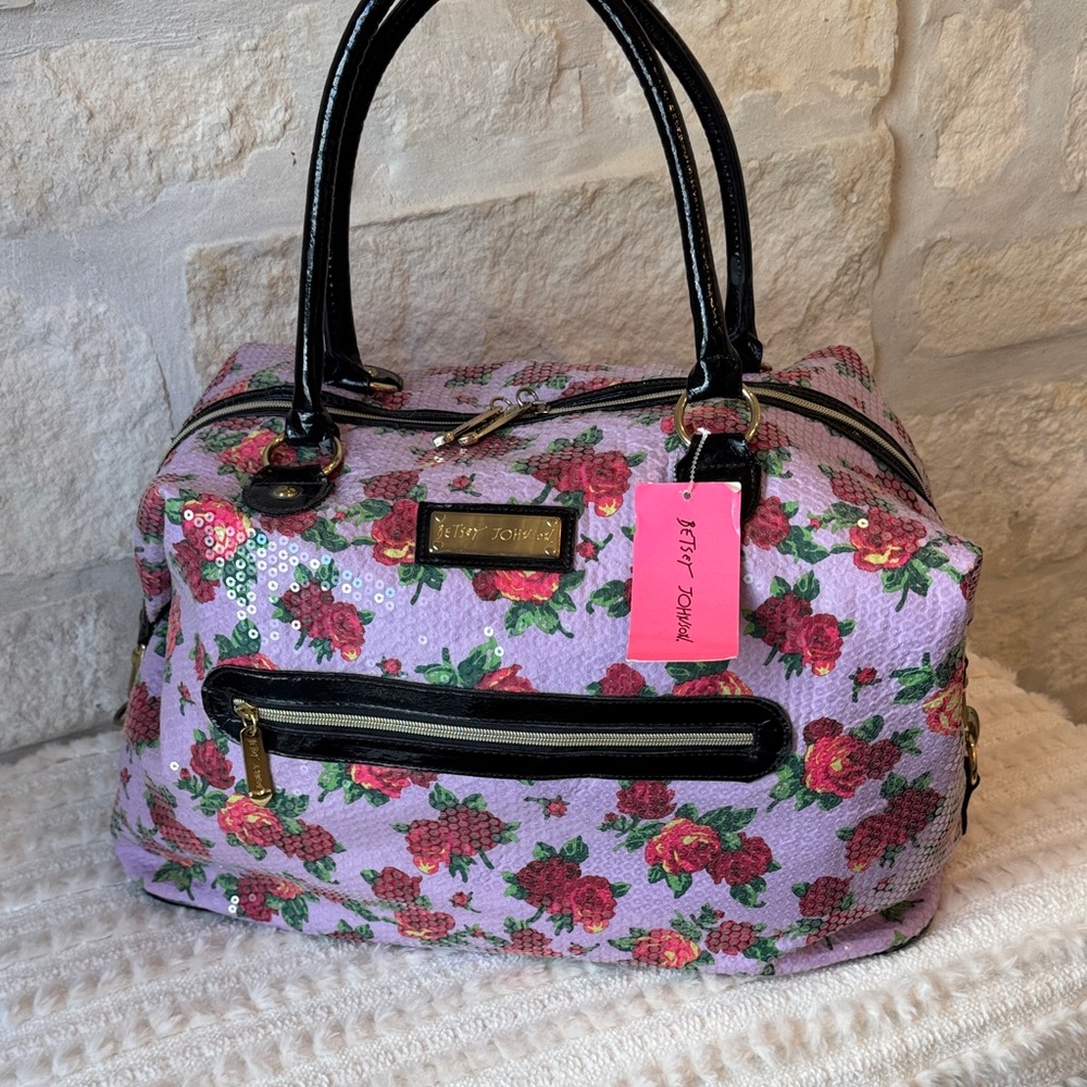 Betsey Johnson-Pink Floral Travel Bag with Black Accents - Picture 9 of 11